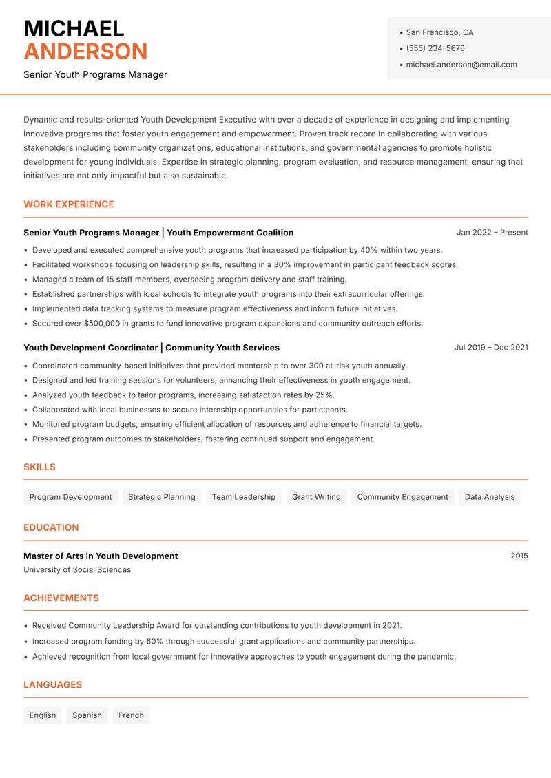 Youth Development Executive resume sample — Senior Youth Programs Manager focus