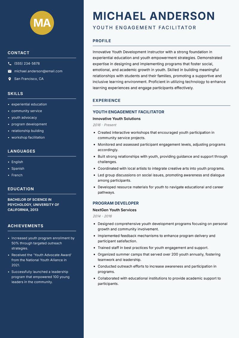 Youth Development Instructor resume sample — Youth Engagement Facilitator focus