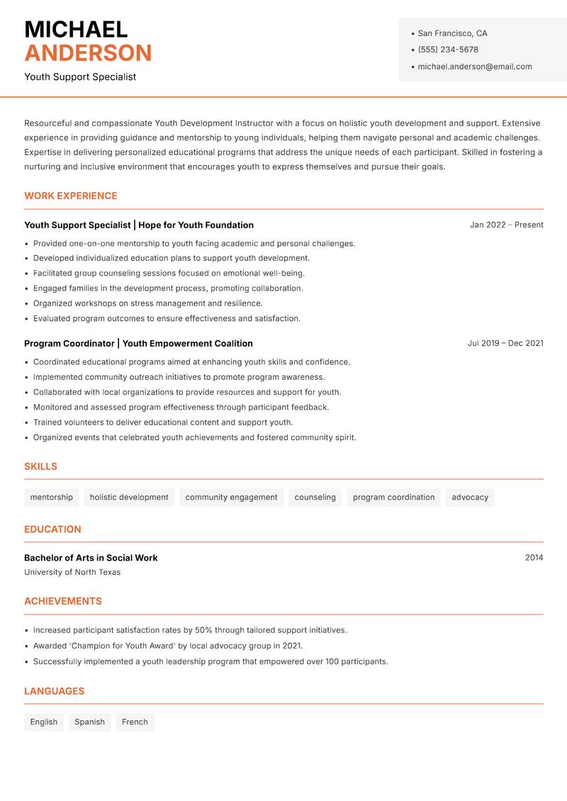 Youth Development Instructor resume sample — Youth Support Specialist focus