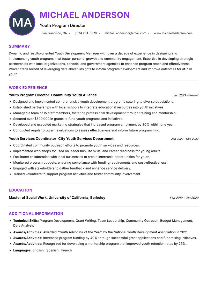 Youth Development Manager resume example