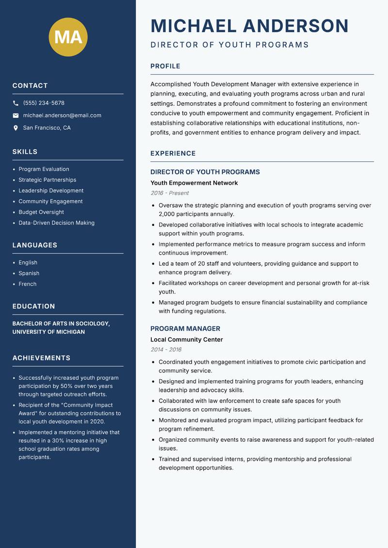 Youth Development Manager resume sample — Director of Youth Programs focus