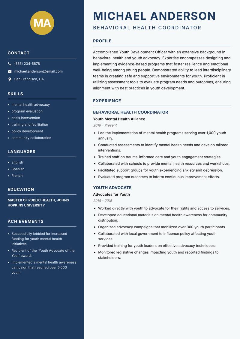 Youth Development Officer resume sample — Behavioral Health Coordinator focus