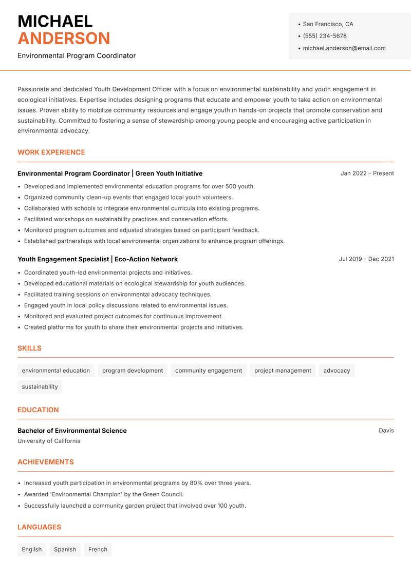 Youth Development Officer resume sample — Environmental Program Coordinator focus