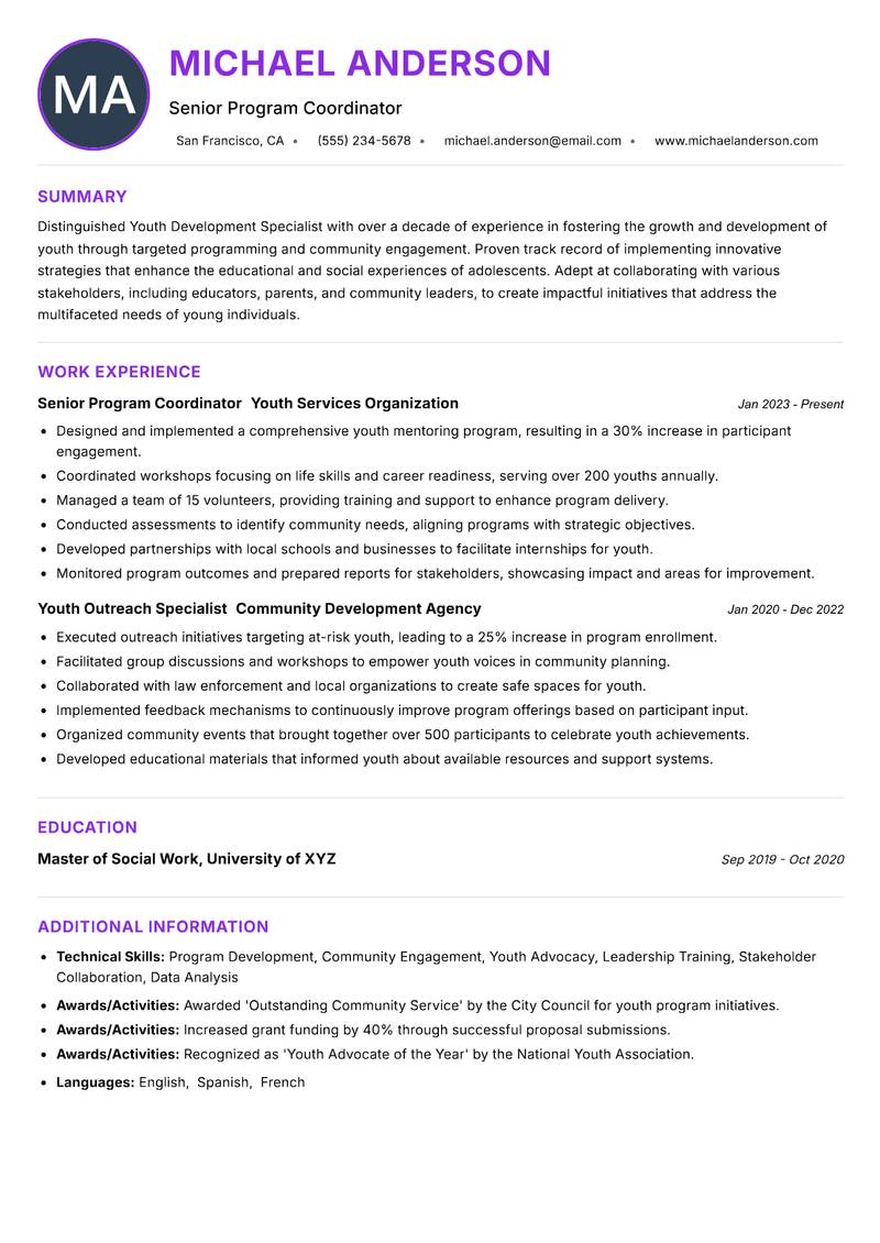 Youth Development Specialist resume example