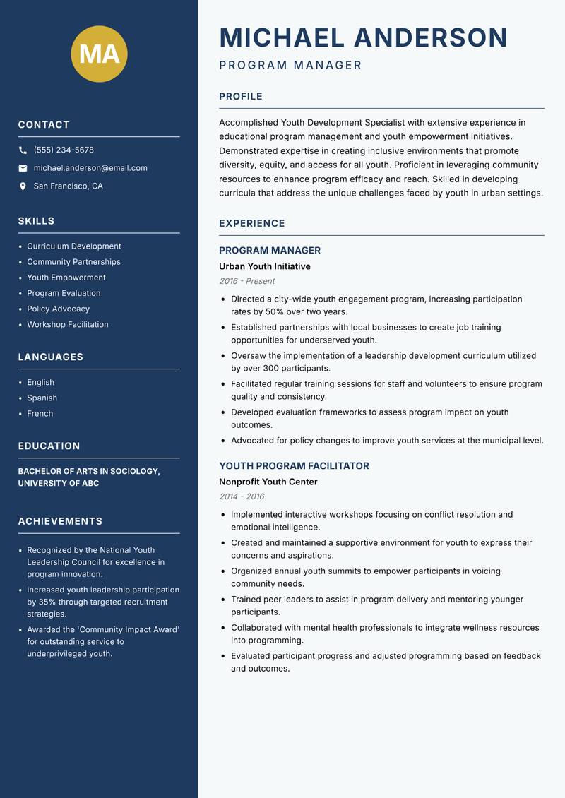 Youth Development Specialist resume sample — Program Manager focus