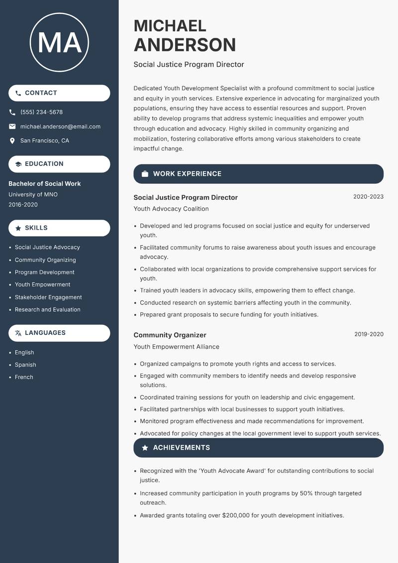 Youth Development Specialist resume sample — Social Justice Program Director focus
