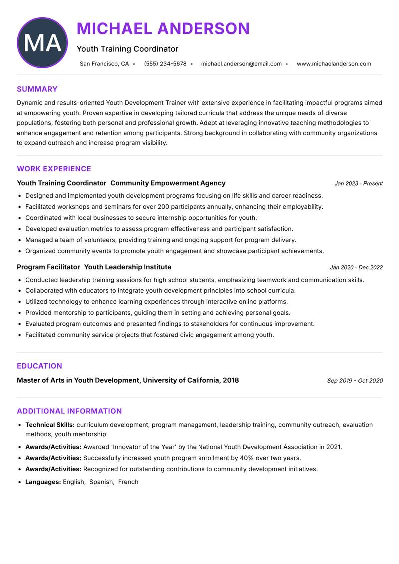 Youth Development Trainer resume example