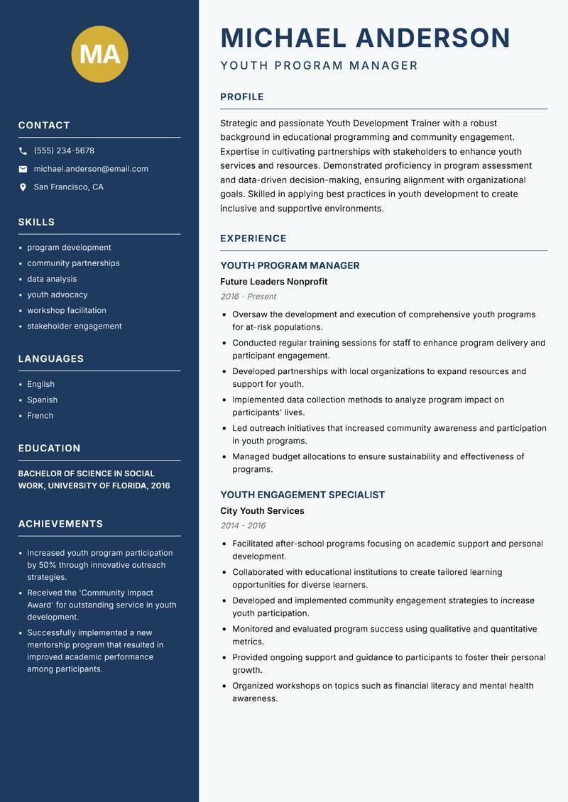 Youth Development Trainer resume sample — Youth Program Manager focus
