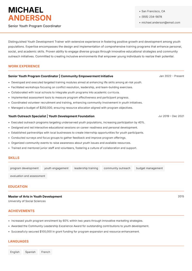 Youth Development Trainer resume sample — Senior Youth Program Coordinator focus