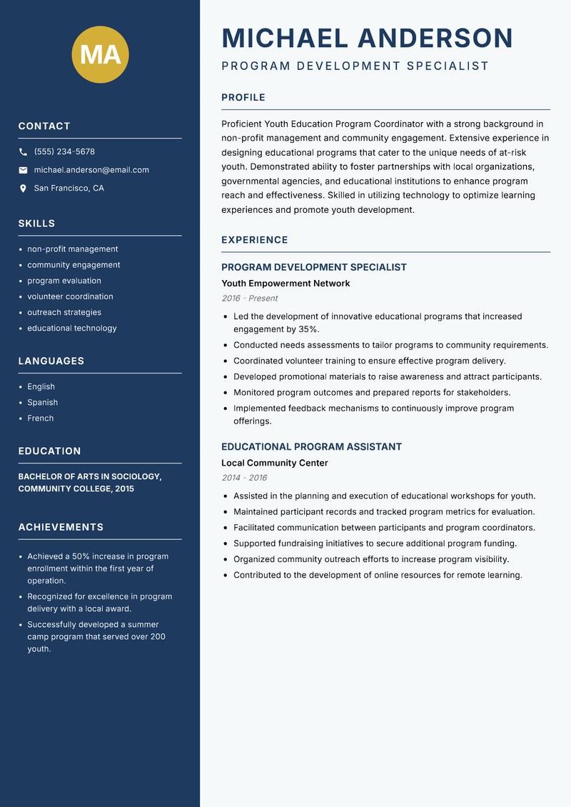 Youth Education Program Coordinator resume sample — Program Development Specialist focus