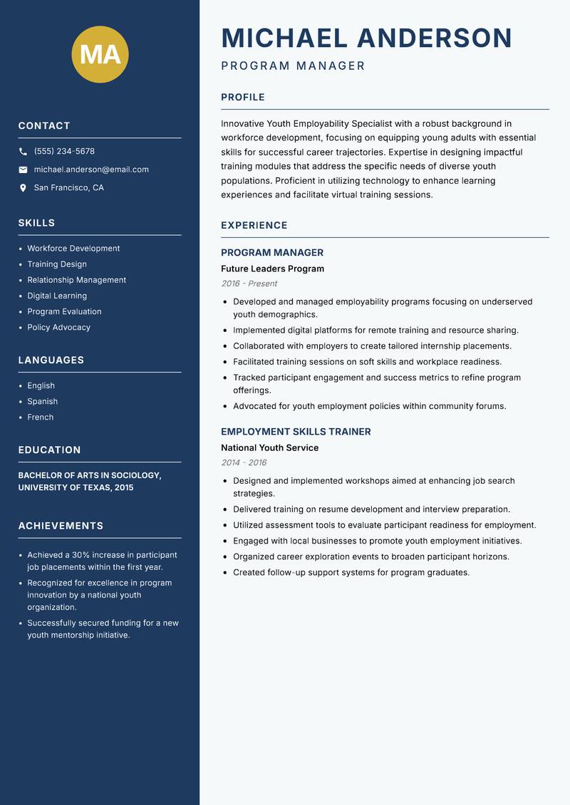 Youth Employability Specialist resume sample — Program Manager focus