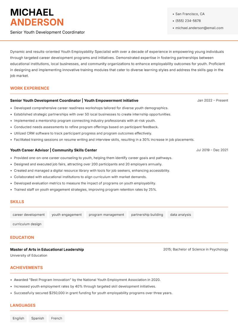 Youth Employability Specialist resume sample — Senior Youth Development Coordinator focus