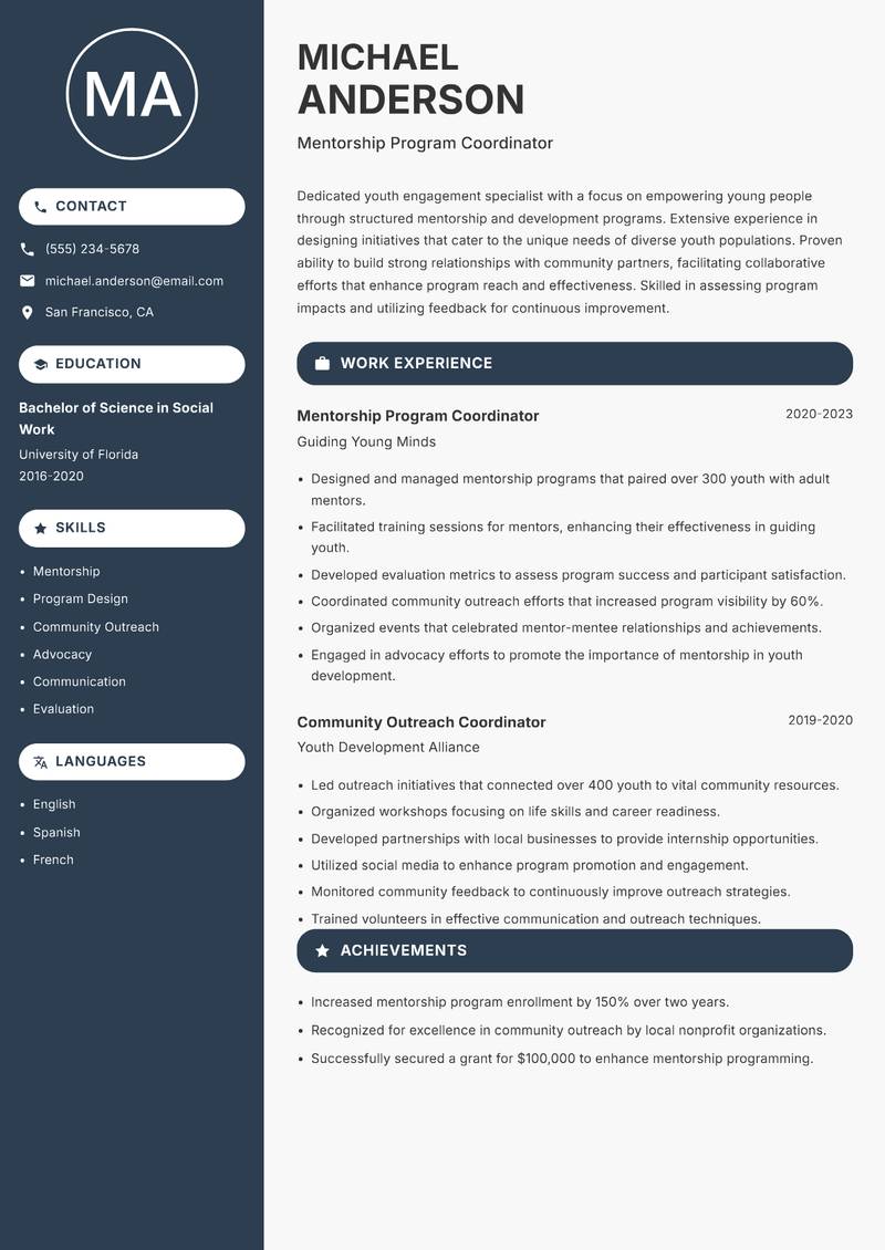 Youth Engagement Specialist resume sample — Mentorship Program Coordinator focus