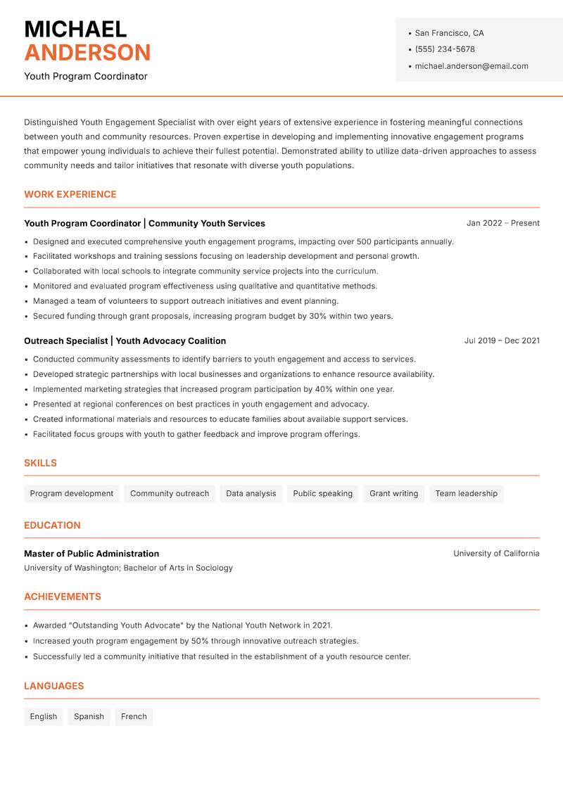 Youth Engagement Specialist resume sample — Youth Program Coordinator focus