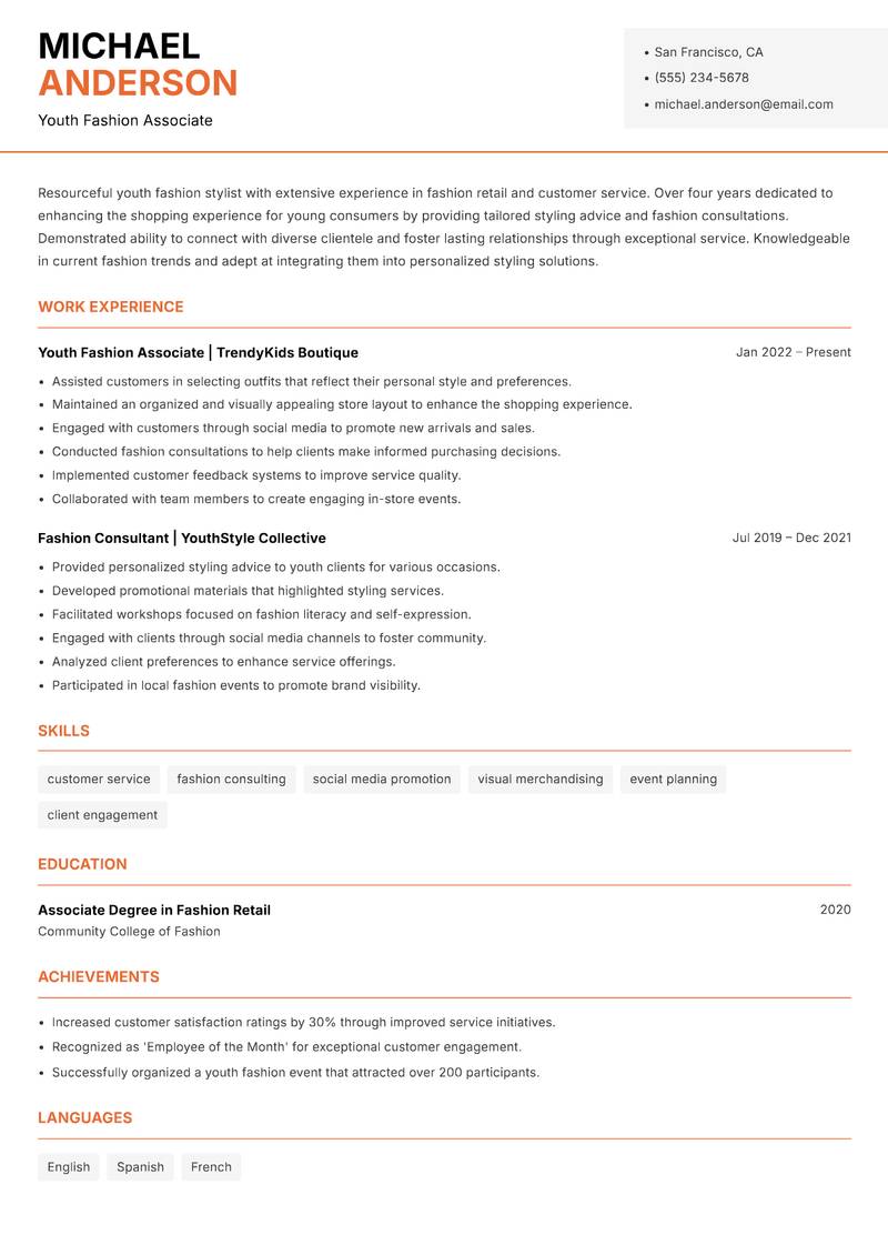 Youth Fashion Stylist resume sample — Youth Fashion Associate focus