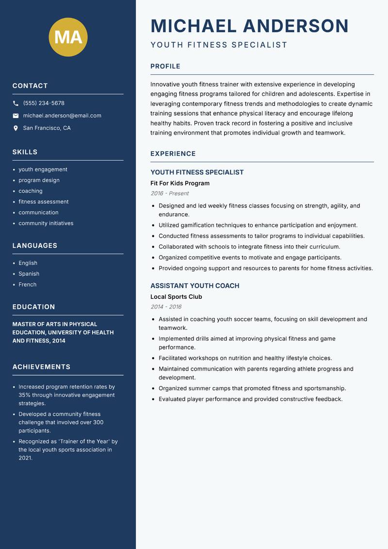Youth Fitness Trainer resume sample — Youth Fitness Specialist focus