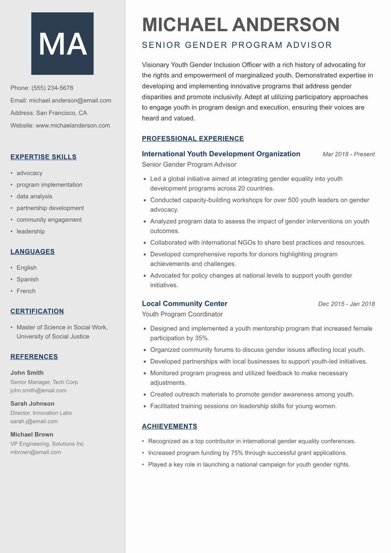 Youth Gender Inclusion Officer resume sample — Senior Gender Program Advisor focus