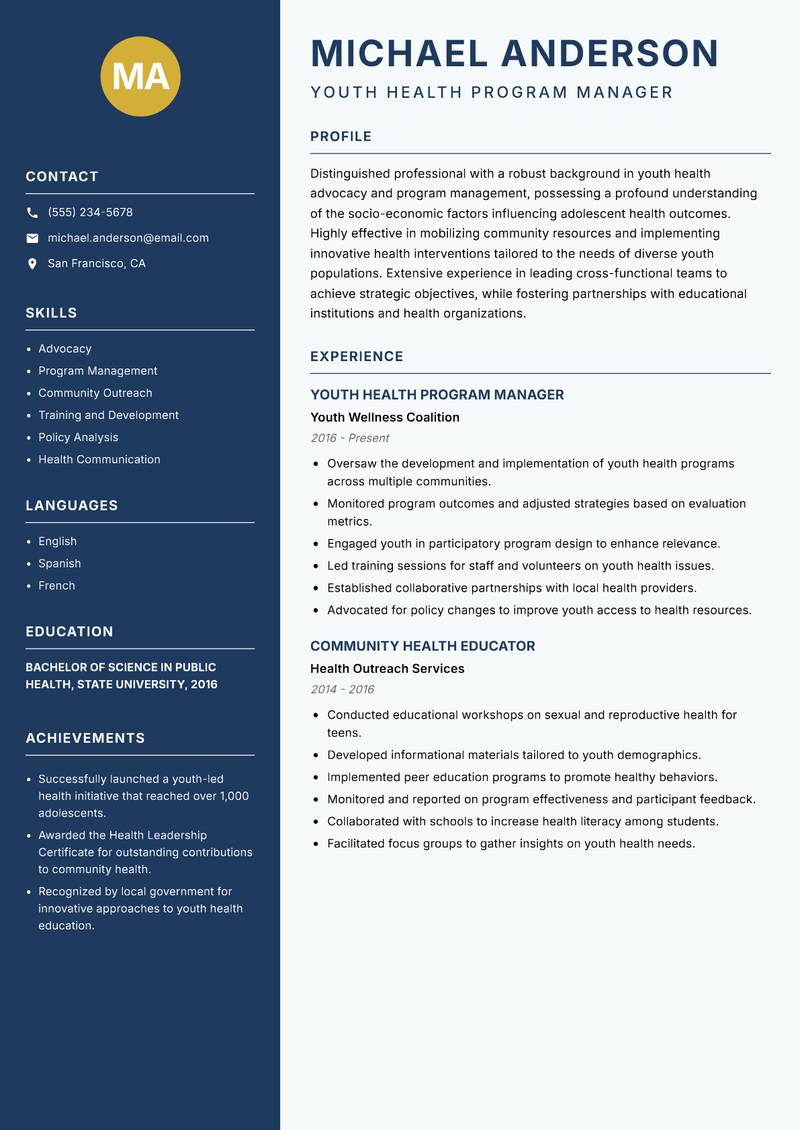 Youth Health Program Officer resume sample — Youth Health Program Manager focus