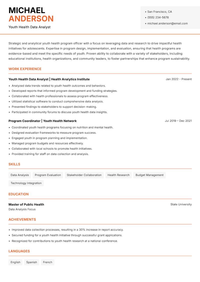 Youth Health Program Officer resume sample — Youth Health Data Analyst focus
