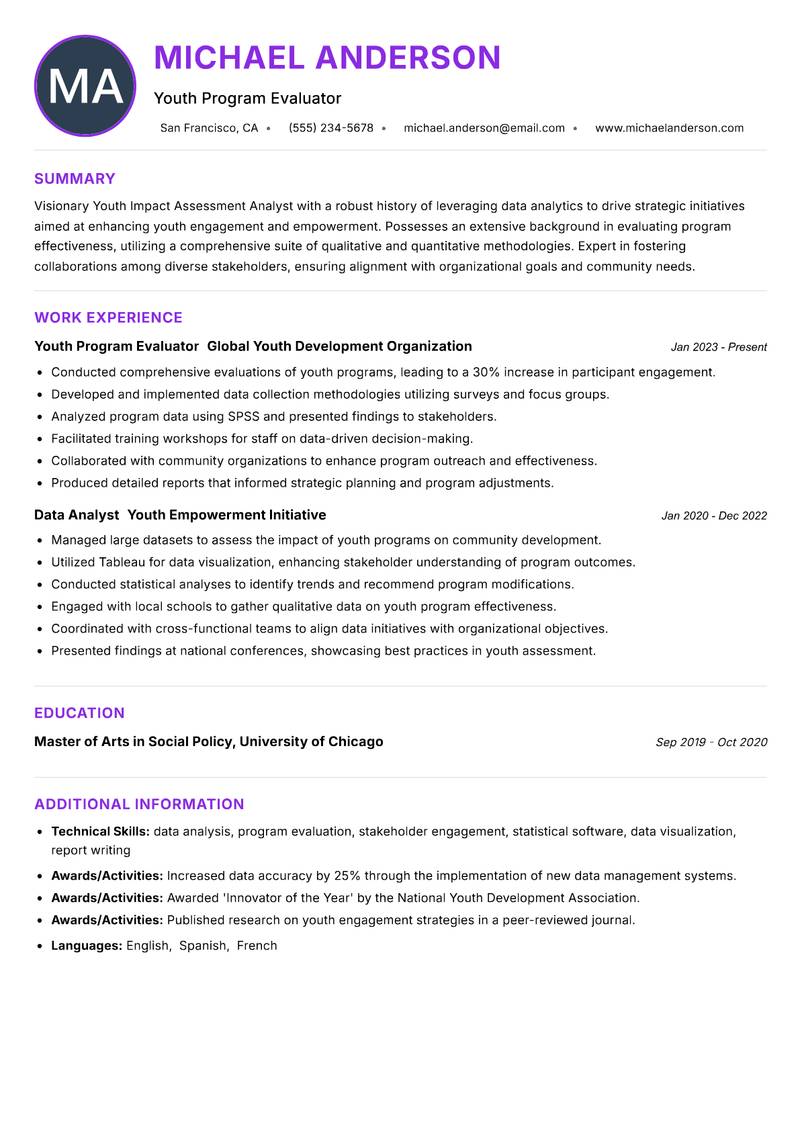 Youth Impact Assessment Analyst resume example