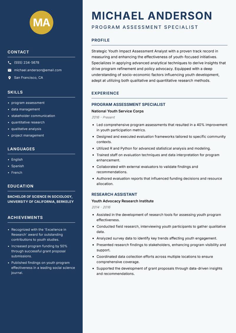 Youth Impact Assessment Analyst resume sample — Program Assessment Specialist focus
