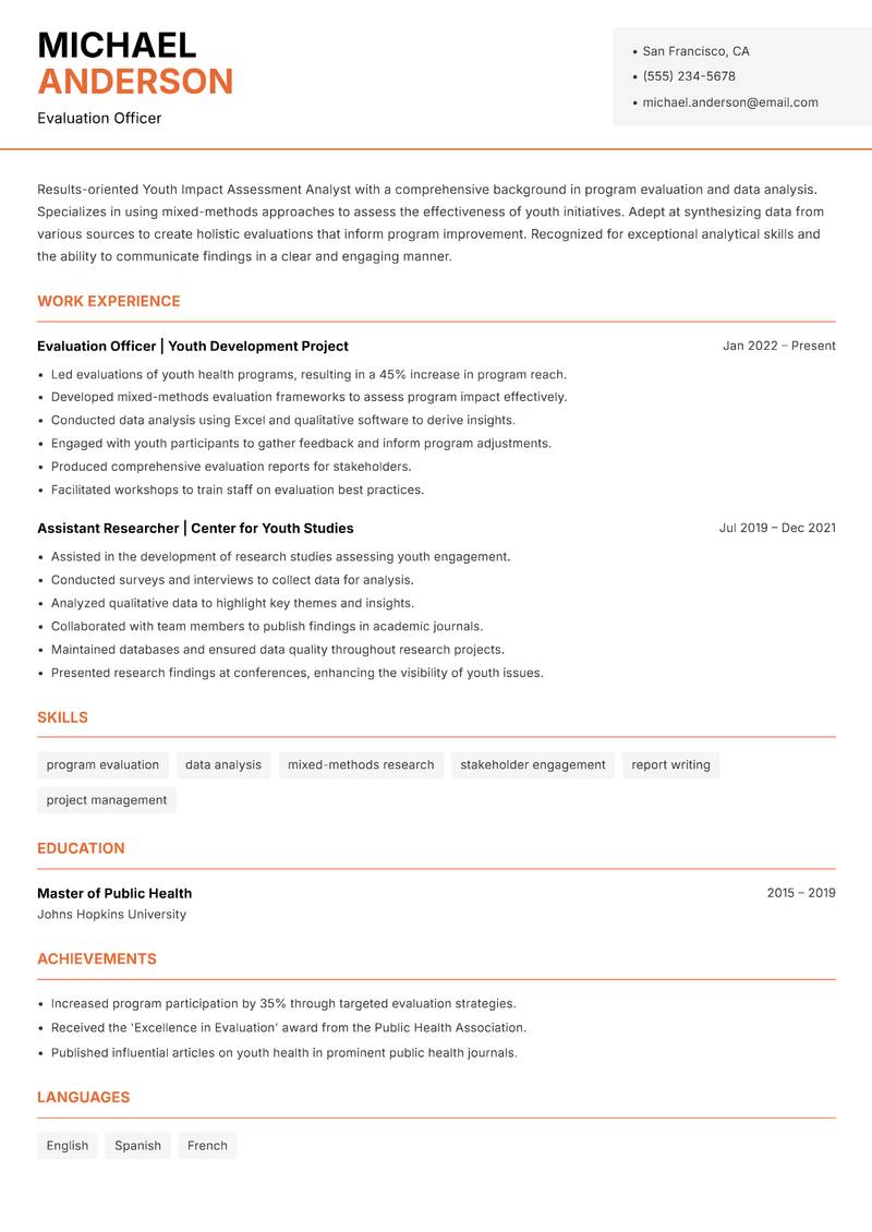 Youth Impact Assessment Analyst resume sample — Evaluation Officer focus