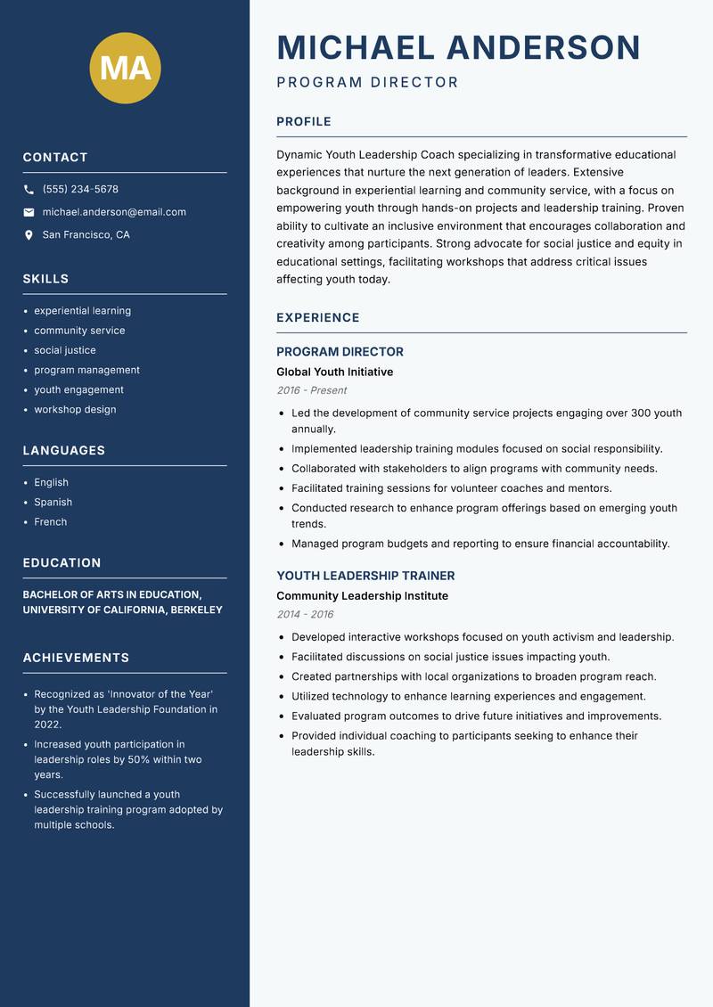 Youth Leadership Coach resume sample — Program Director focus