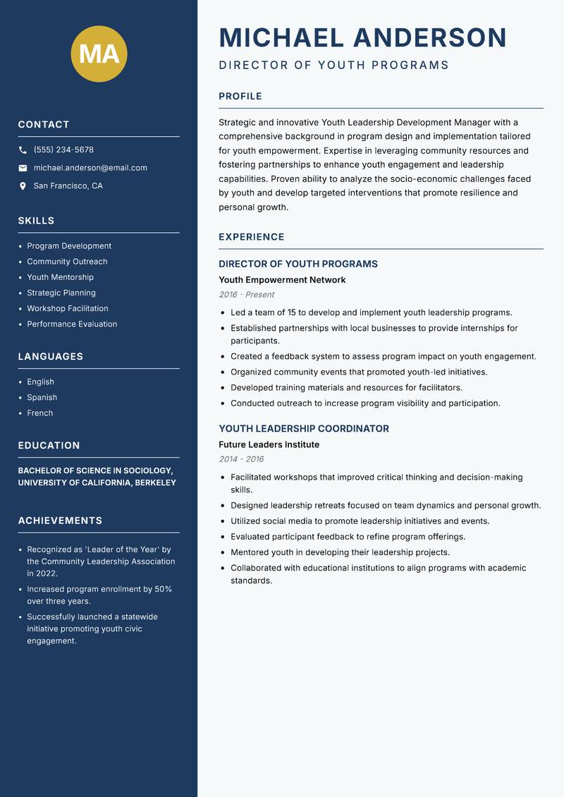 Youth Leadership Development Manager resume sample — Director of Youth Programs focus