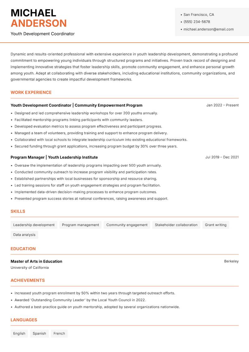 Youth Leadership Development Manager resume sample — Youth Development Coordinator focus