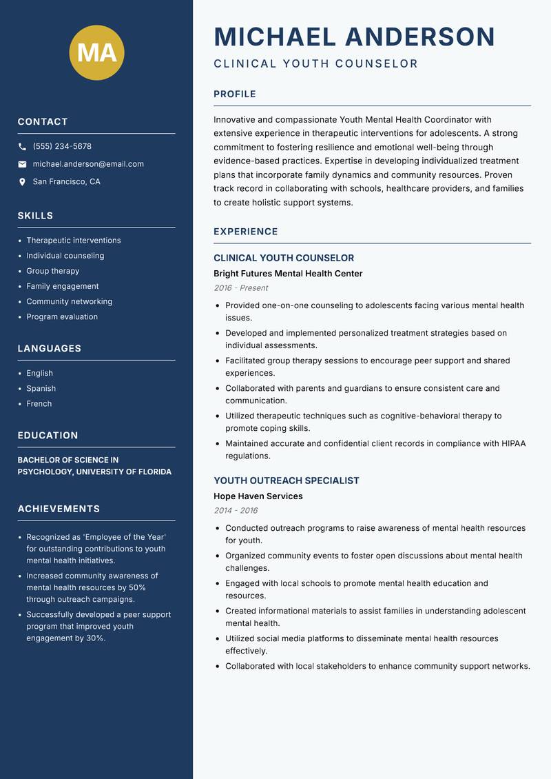 Youth Mental Health Coordinator resume sample — Clinical Youth Counselor focus