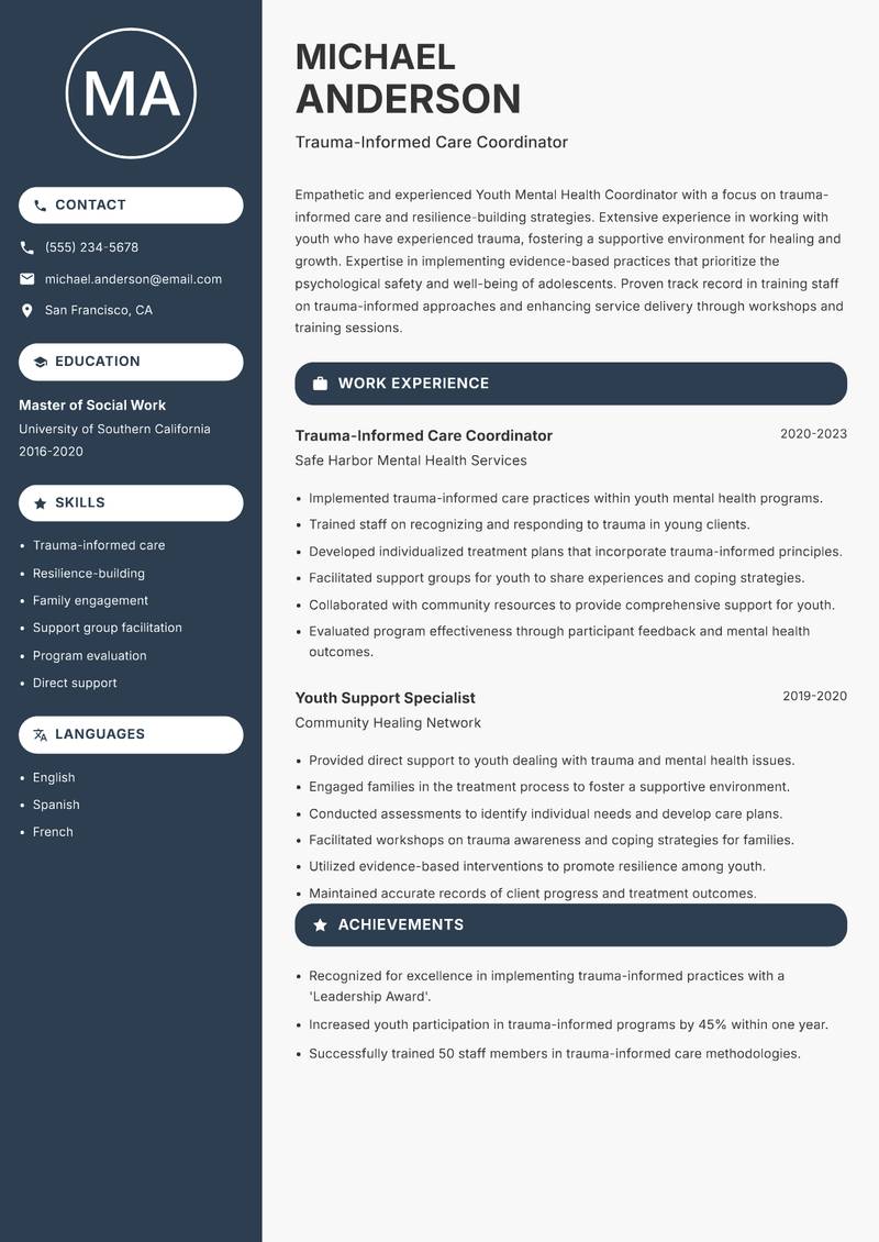 Youth Mental Health Coordinator resume sample — Trauma-Informed Care Coordinator focus