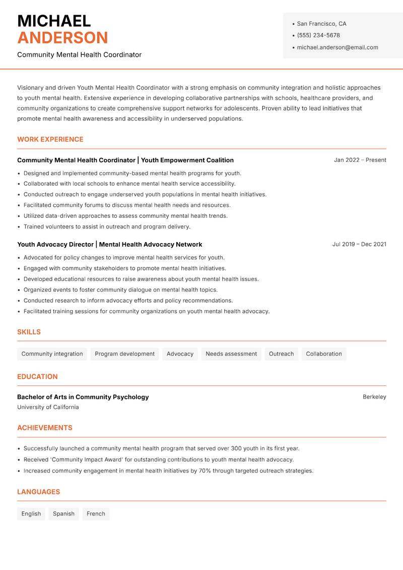 Youth Mental Health Coordinator resume sample — Community Mental Health Coordinator focus