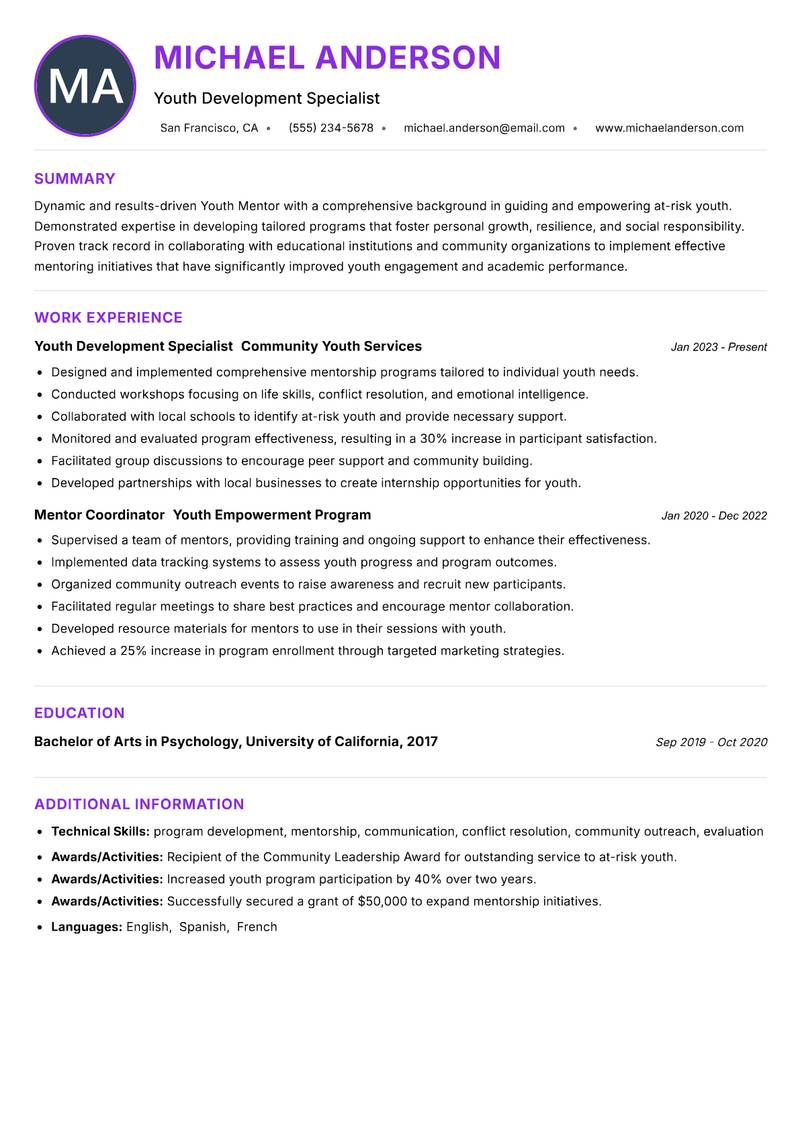 Youth Mentor resume example