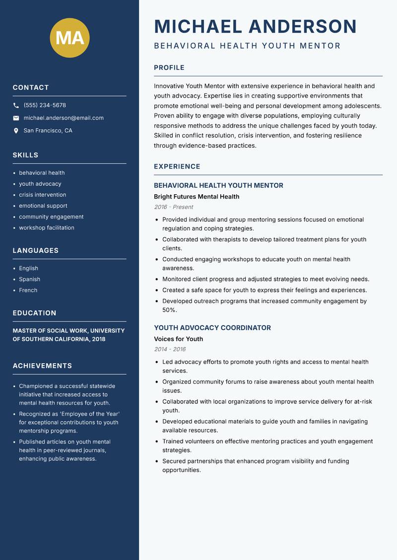 Youth Mentor resume sample — Behavioral Health Youth Mentor focus