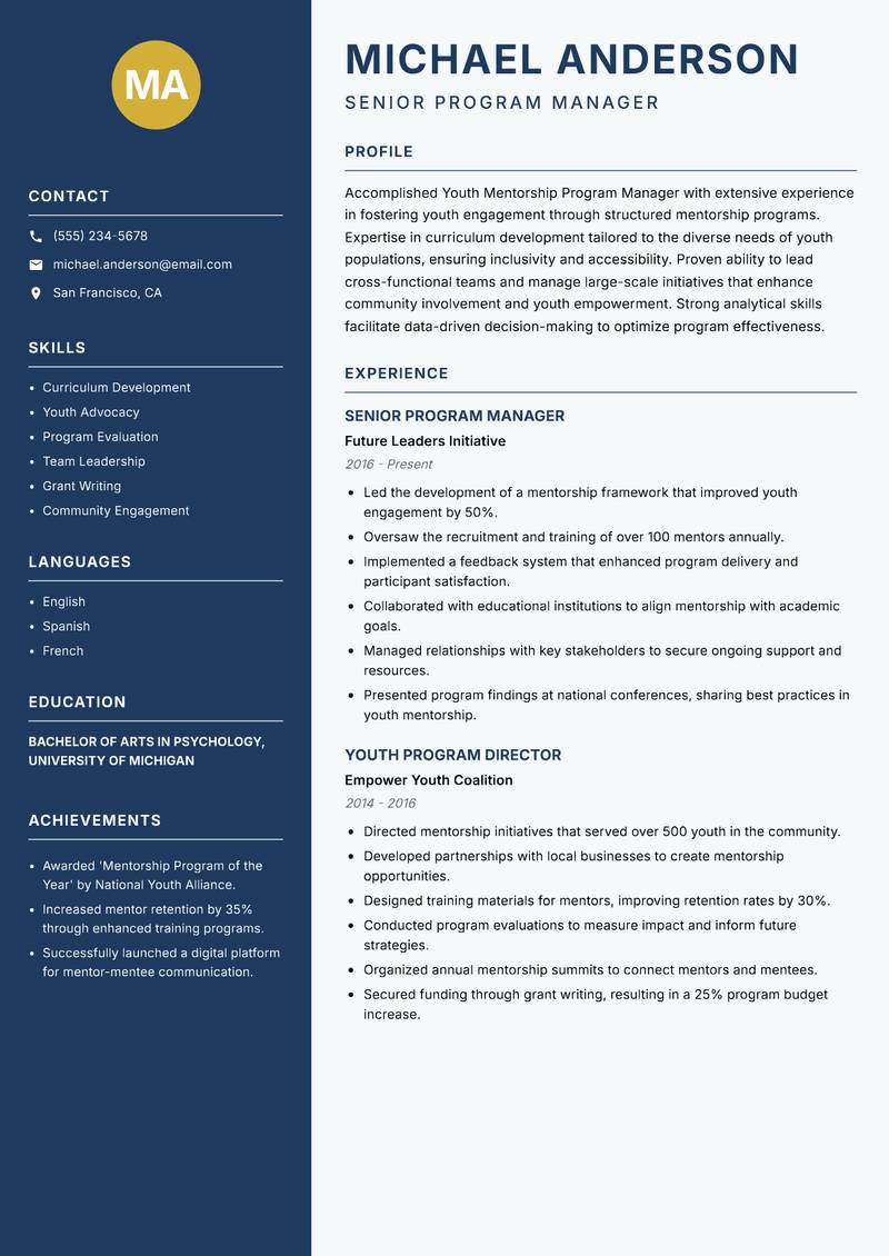 Youth Mentorship Program Manager resume sample — Senior Program Manager focus