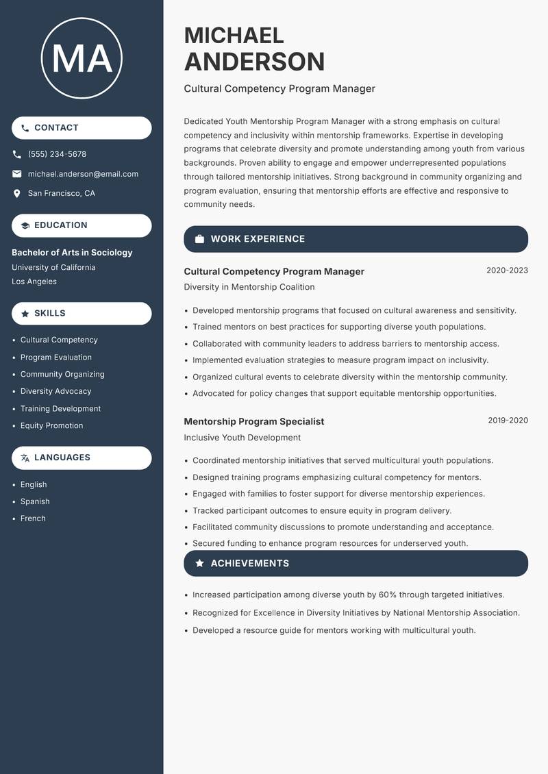 Youth Mentorship Program Manager resume sample — Cultural Competency Program Manager focus