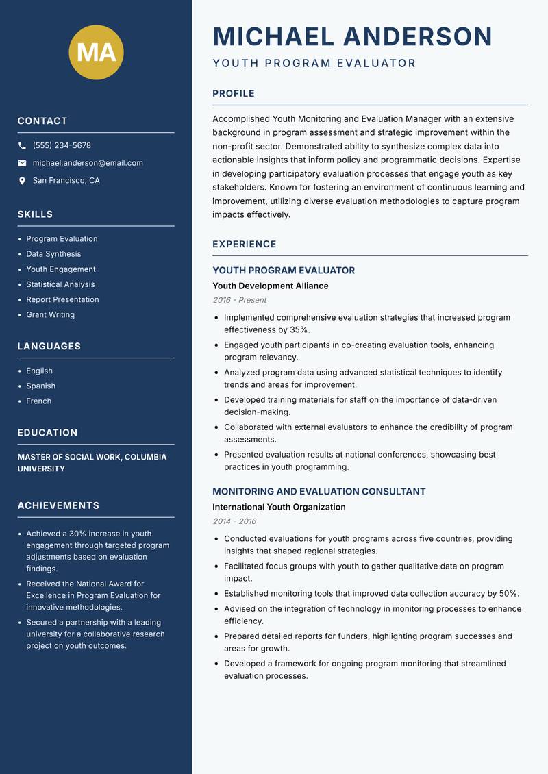 Youth Monitoring and Evaluation Manager resume sample — Youth Program Evaluator focus