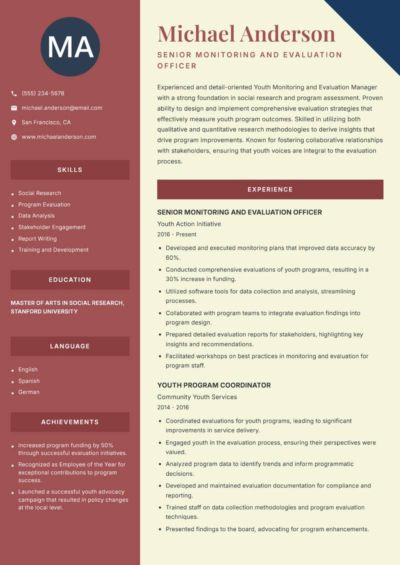 Youth Monitoring and Evaluation Manager resume sample — Senior Monitoring and Evaluation Officer focus