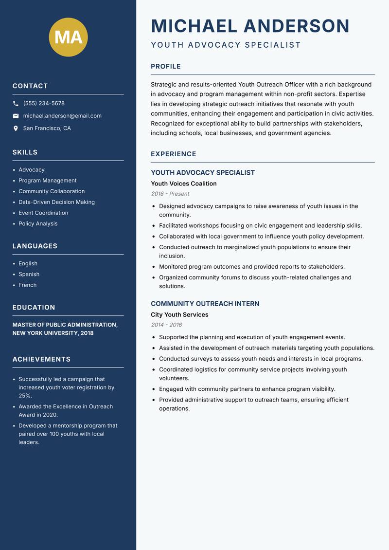 Youth Outreach Officer resume sample — Youth Advocacy Specialist focus