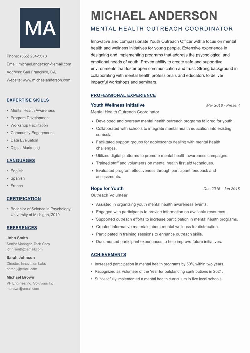 Youth Outreach Officer resume sample — Mental Health Outreach Coordinator focus