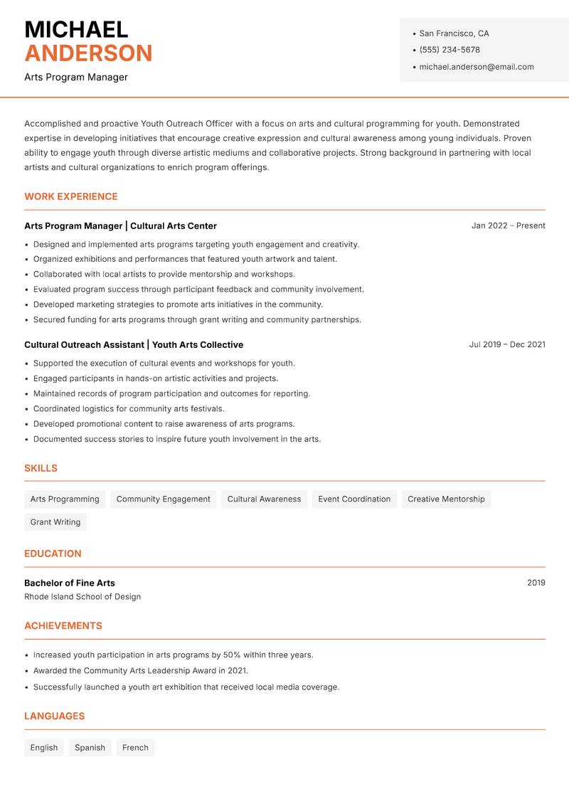 Youth Outreach Officer resume sample — Arts Program Manager focus