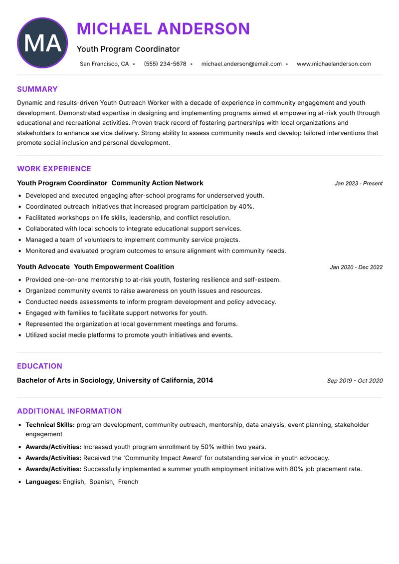 Youth Outreach Worker resume example