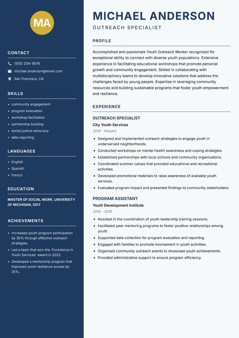 Youth Outreach Worker resume sample — Outreach Specialist focus