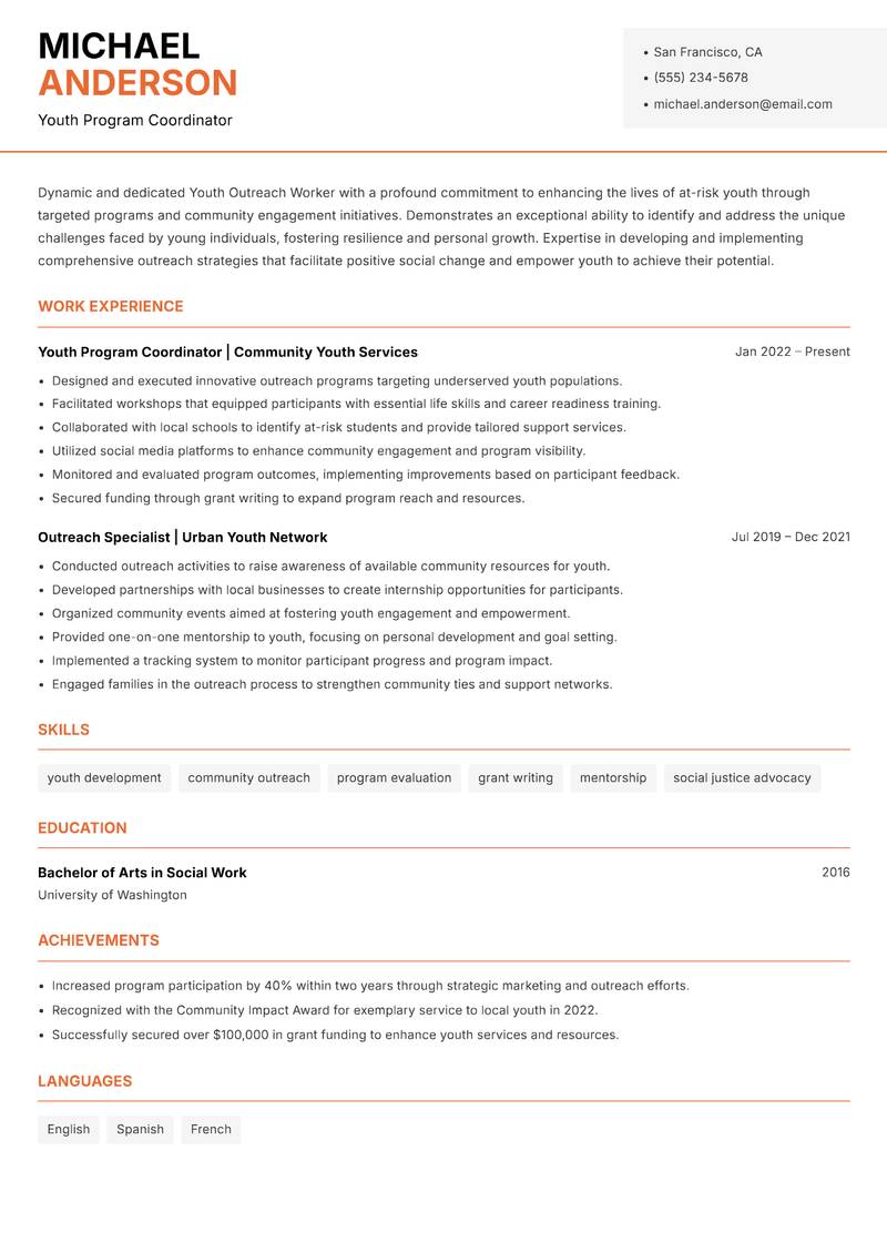 Youth Outreach Worker resume sample — Youth Program Coordinator focus