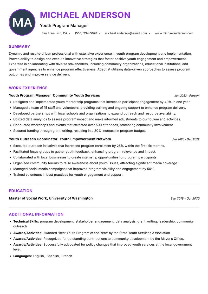 Youth Program Consultant resume example
