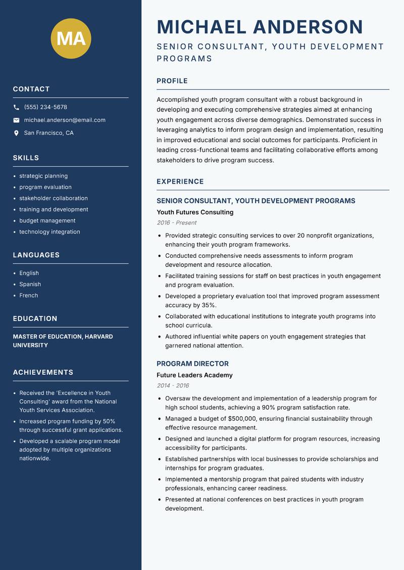 Youth Program Consultant resume sample — Senior Consultant, Youth Development Programs focus