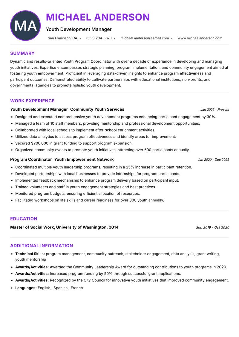 Youth Program Coordinator resume example