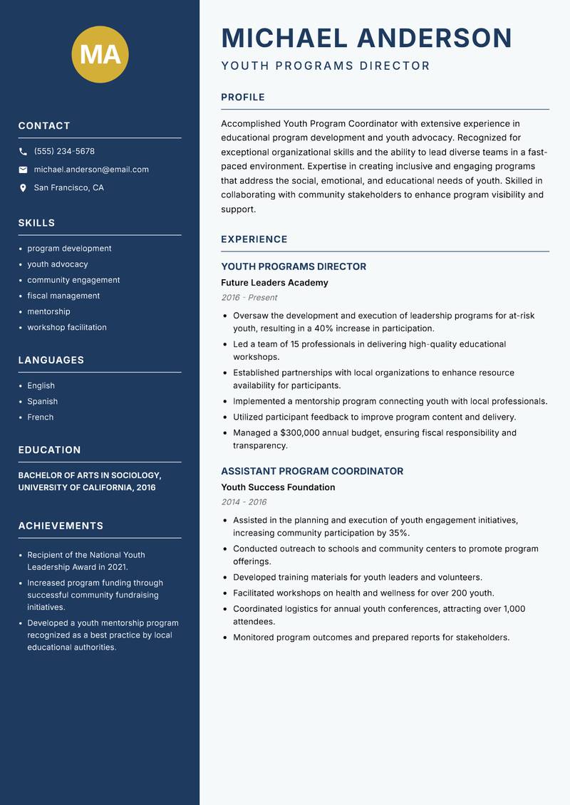 Youth Program Coordinator resume sample — Youth Programs Director focus