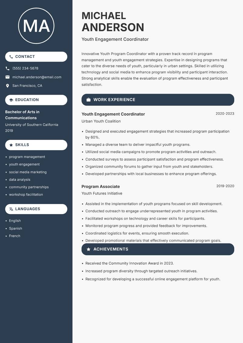 Youth Program Coordinator resume sample — Youth Engagement Coordinator focus