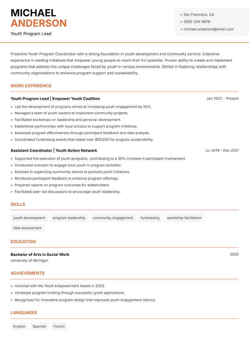 Youth Program Coordinator resume sample — Youth Program Lead focus